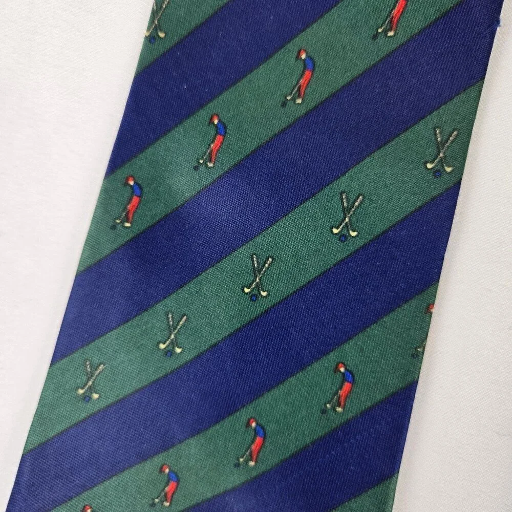 Mercedes 100% Silk Men's Tie Blue Green Diagonal Stripe Golfers Golf Club Print